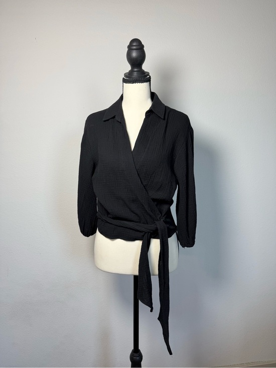 Dress Up Tops - Black Tie-Waist Wrap Blouse with Collar